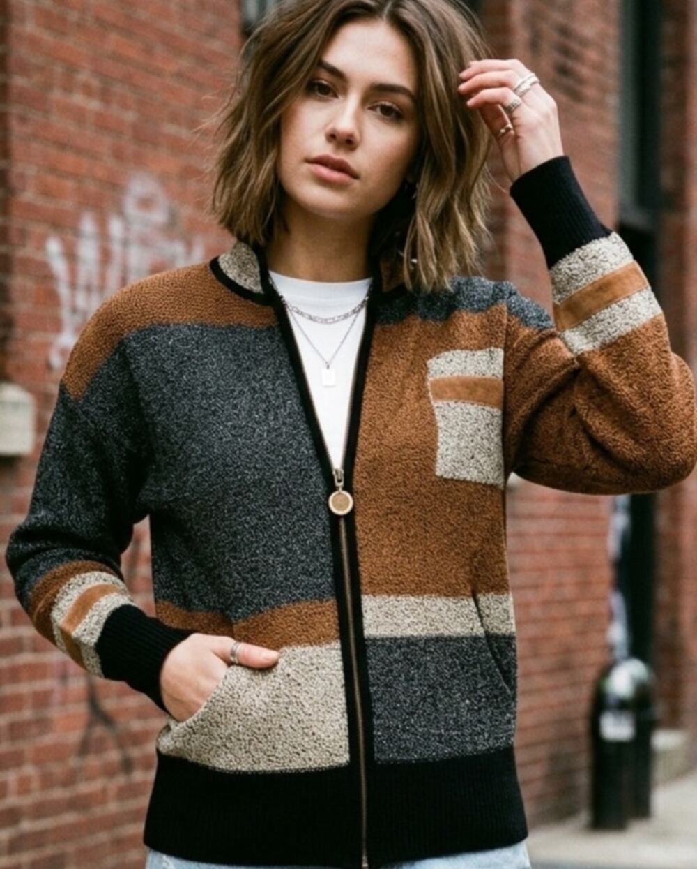 Antonella Preve New York Vintage Mod Multimedia Zip Sweater with Suede Accents
